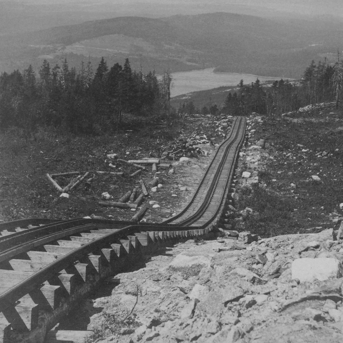 Green Mountain Railway, Mt. Desert, Me, by B. Bradley 2 (cropped and converted to black and white).jpg