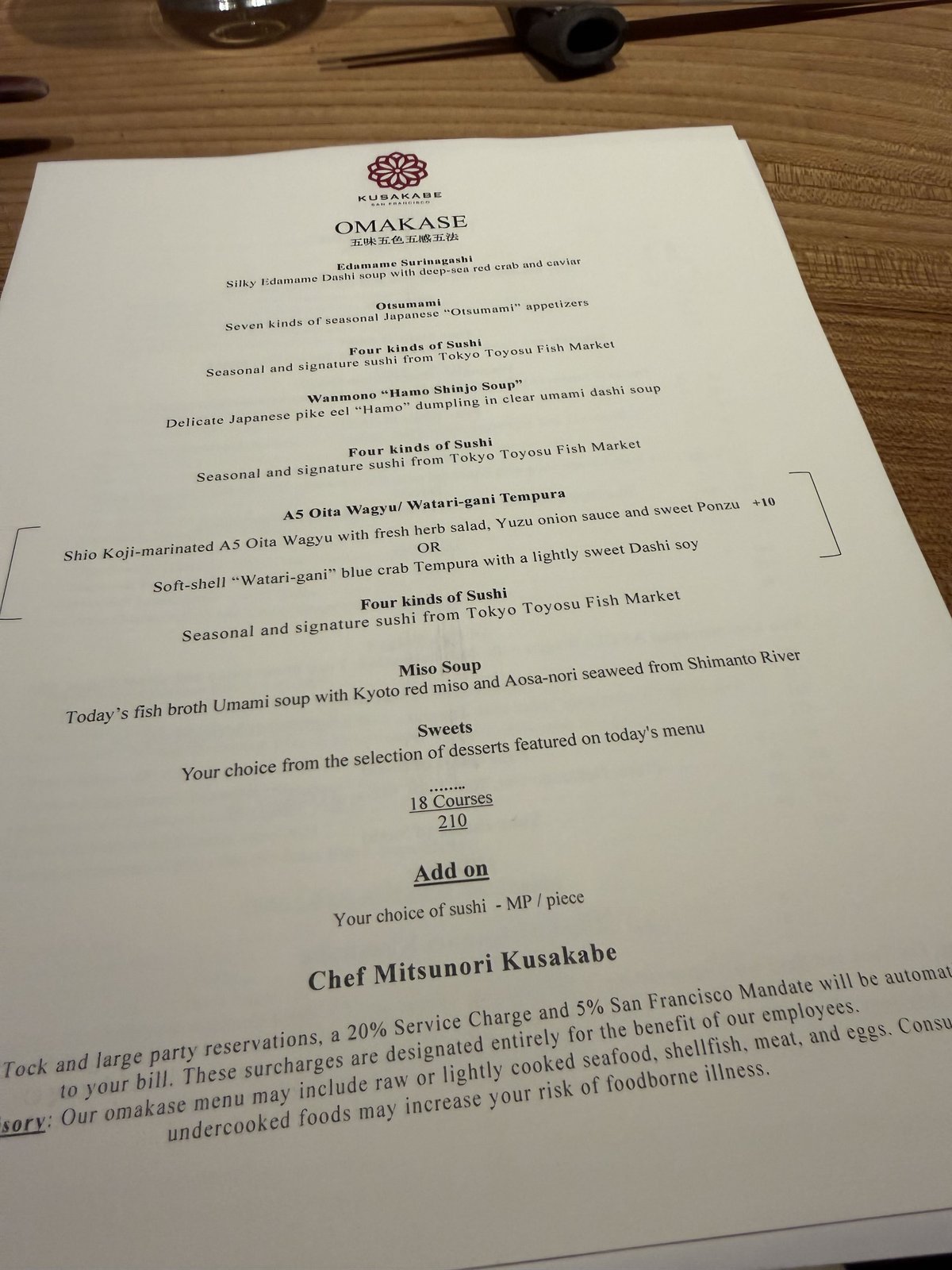Kusakabe course menu 1